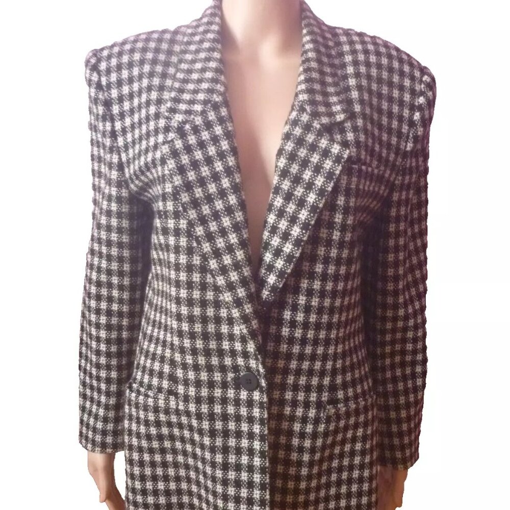 Jones New York Women 100% Pure Wool Black White Blazer 10 Checkered Lapel Single
